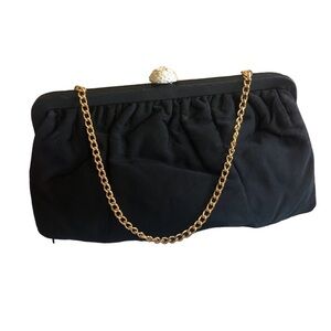Vintage little black handbag w/gold handle & faux gold diamond clasp 9”x5”